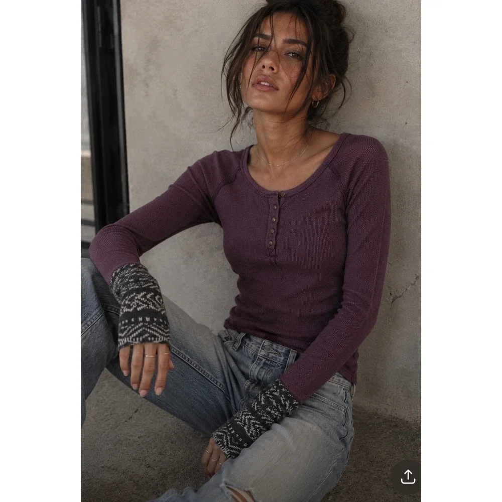 Free People Ski Lodge Thermal Plum Knit Sweater Cuffs Size Small
